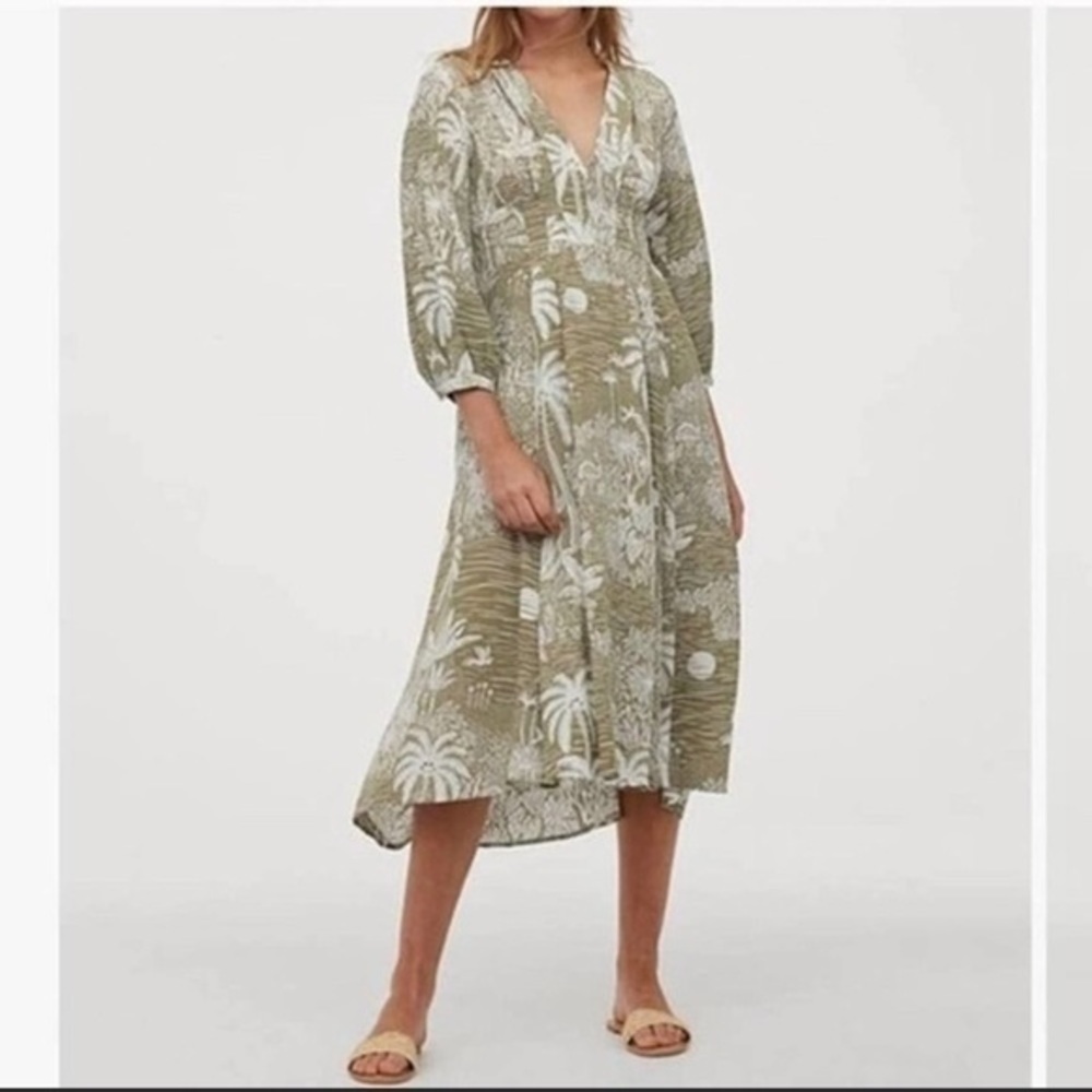 Desmond & Dempsey X H&M Green White Tropical Palm Print Linen Blend Midi Dress S - Picture 2 of 15